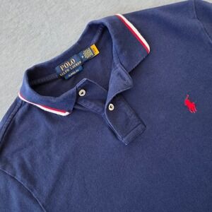 Polo Ralph Lauren Mens Classic Fit Navy Blue Tipped Cotton Polo Shirt Medium